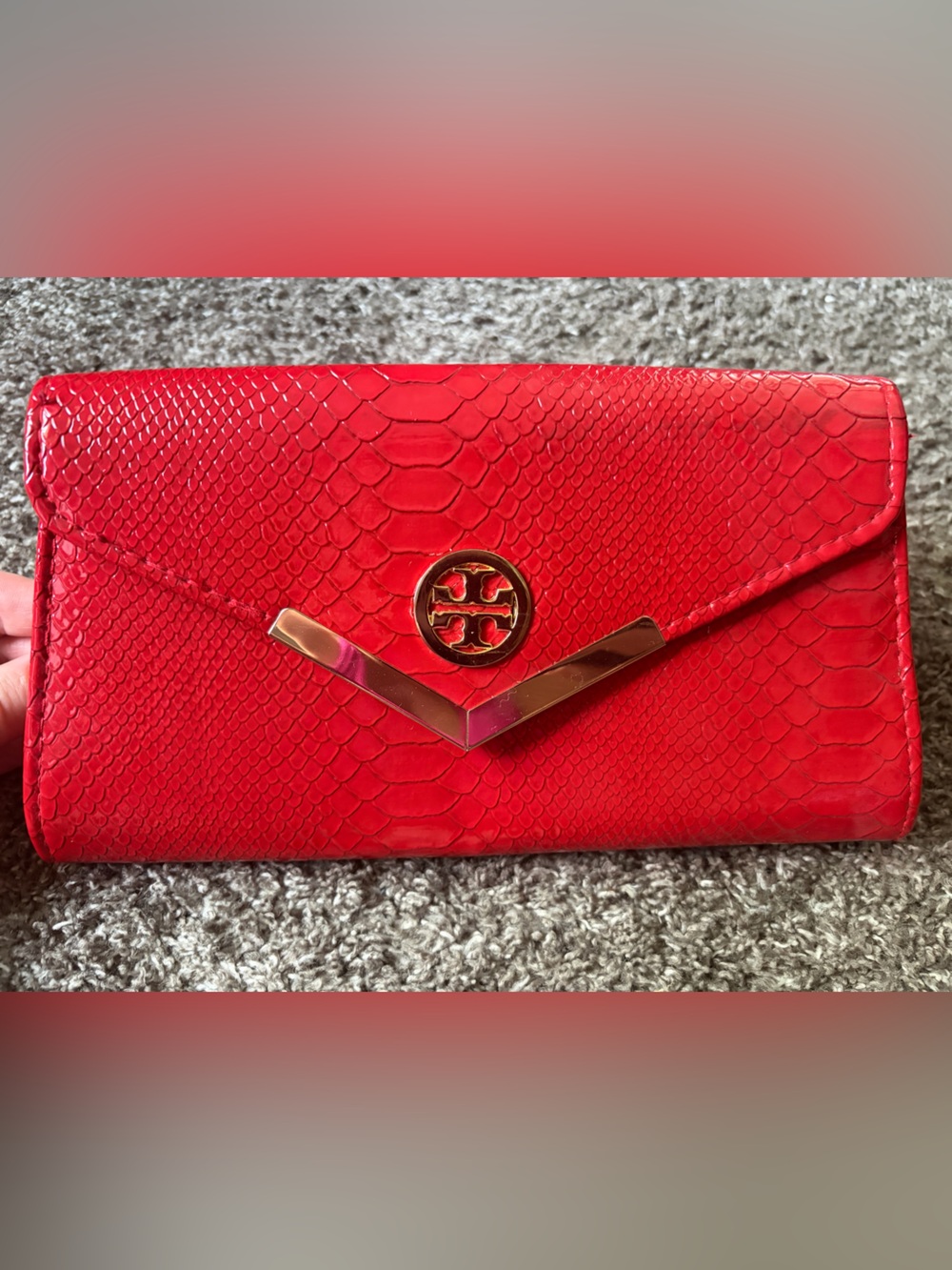 Tory Burch Red Embossed Wallet Clutch  with Gold Logo Accent